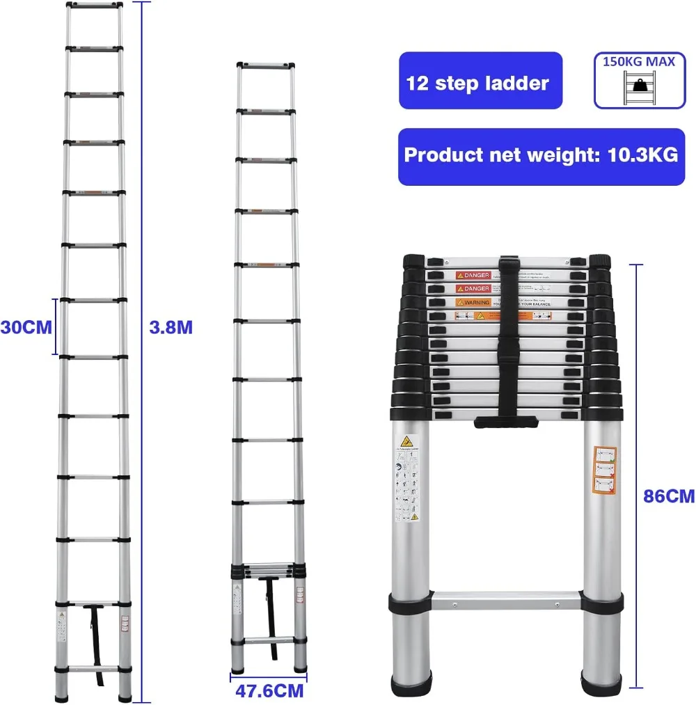 Aluminum Telescoping Portable Extension Ladder 12.5FT Anti-Slip Telescopic Collapsible Attic Ladder Rv