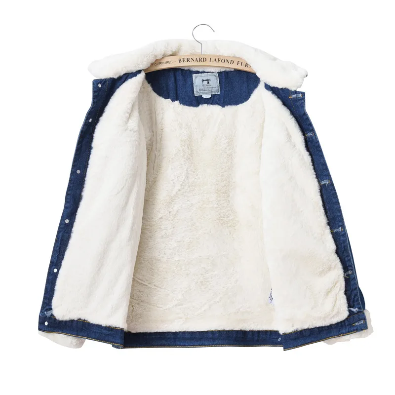 Winter Fleece Denim Jacke Für Frauen Revers Einreiher Patchwork Blau Jacken Amerikanischen Casual Mode Einfachen Dicken Mantel