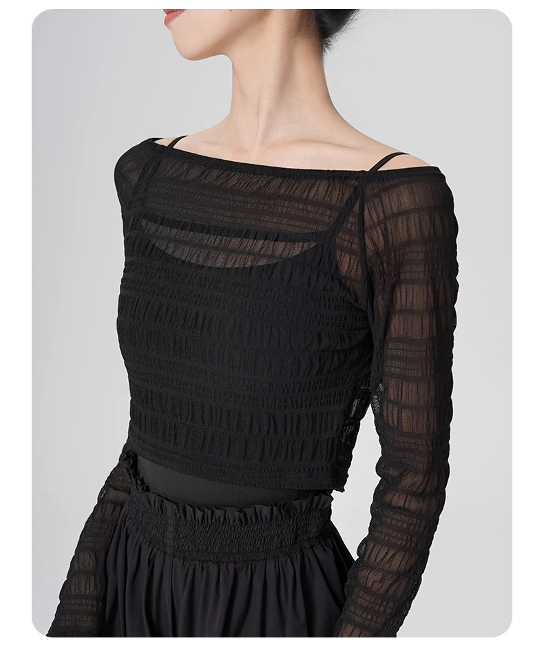 Tops de Danza para Mujer, Top de Malla Fruncido con Hombros Descubiertos y Manga Apilada, Pantalones de Ballet de Pierna