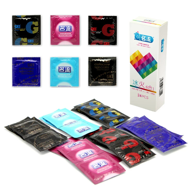 Condones 6 en 1 de 24 piezas, Juguetes sexuales con sensación de hielo y fuego, accesorios sexuales acanalados de puntos con rosca Granular, manga