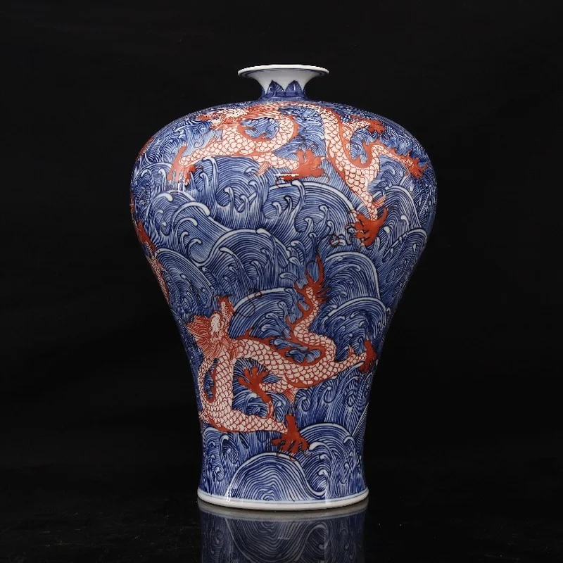 

Qing Dynasty Qianlong year mark blue and white glaze handpainted sea water five dragon pattern vase antique porcelain ornaments