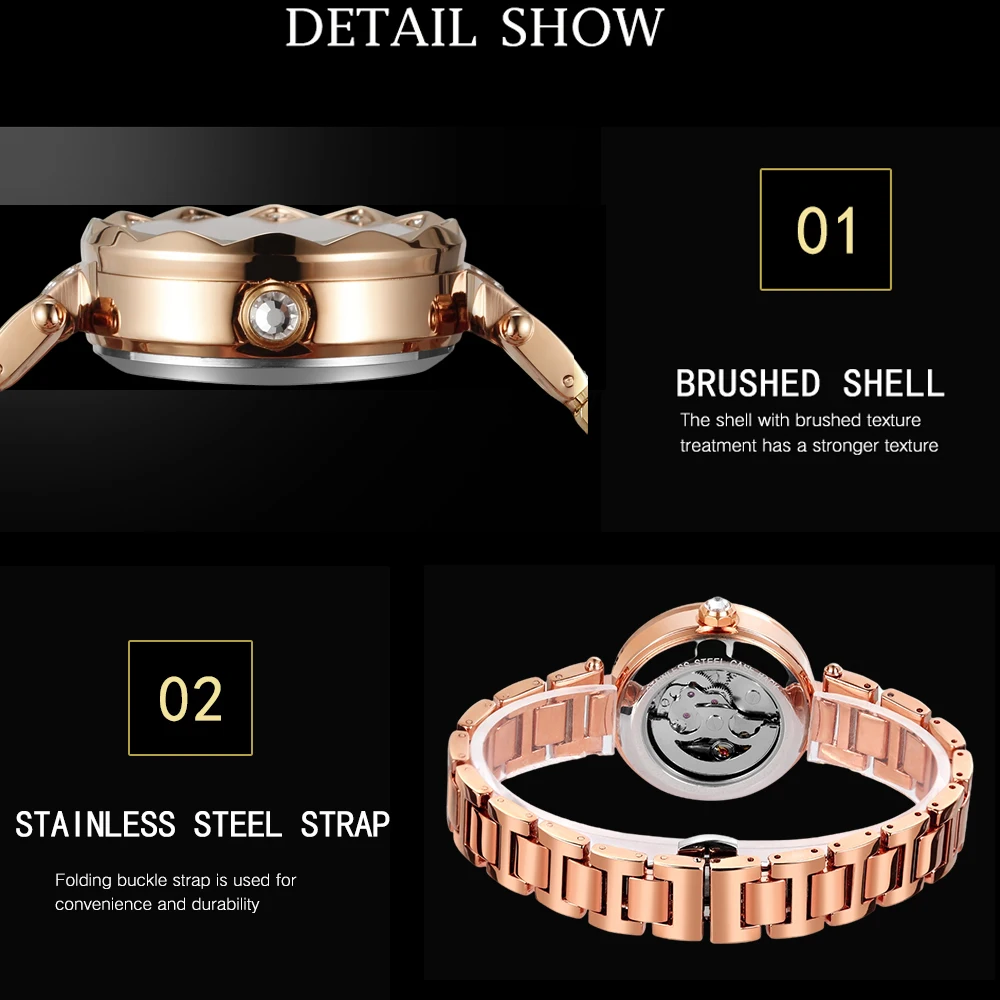 Forsining relógios mecânicos automáticos femininos românticos esqueleto strass luminoso aço inoxidável elegante relógios de pulso femininos