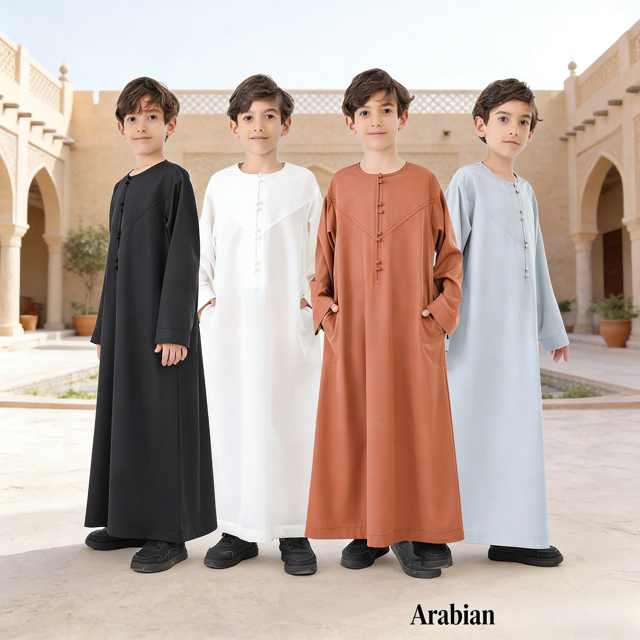 

Детская арабская роба однотонного цвета с пуговицами, этническая одежда Ближнего Востока, длинная рубашка для мальчиков в юго-восточноазиатском стиле, традиционный наряд из Дубая