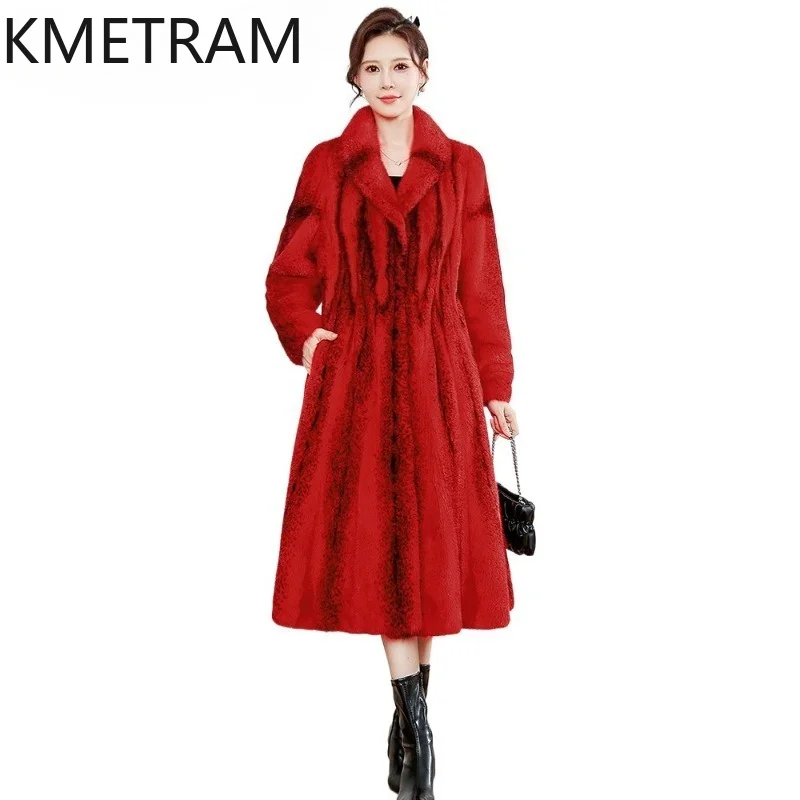 KMETRAM Long Real Fur Coat Woman Gradient Color Red Whole Mink Fur Jacket Women Winter Coats Fashion Overcoat 110cm Шуба Женская