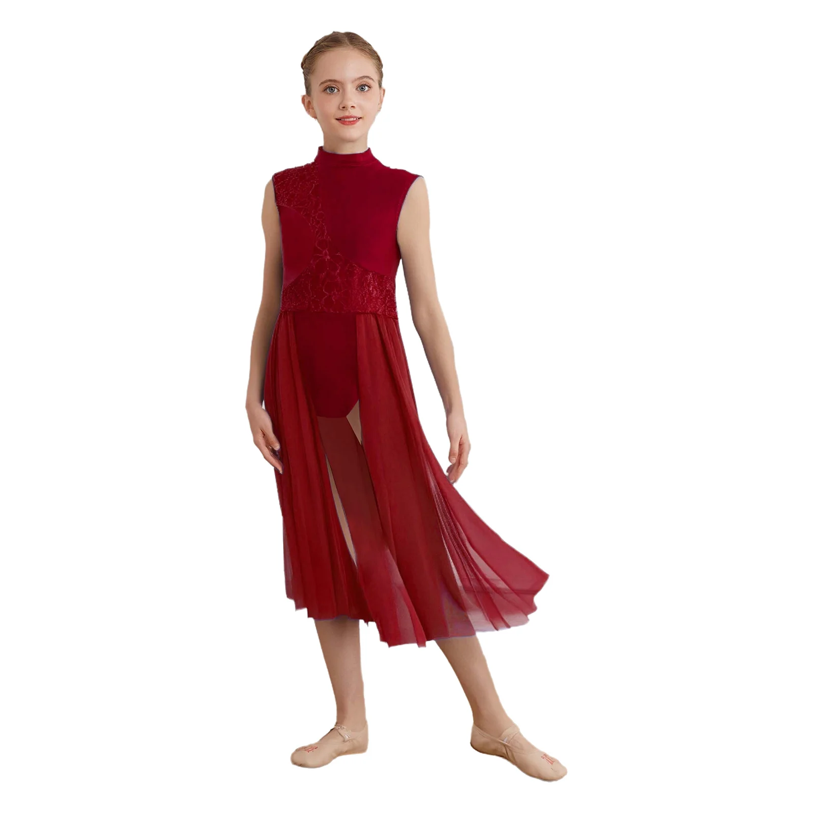 Girls Lyrical Modern Contemporary Dancewear Floral Lace Sleeveless Sheer Mesh Leotard Ballet Dance Skating Gymnastics Costume