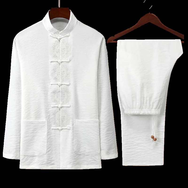 

Autumn Thin Cotton Linen Set Men's Long Sve Long Pants Casual Vintage Embroidery Hanfu Clothing Comfortable Breathable