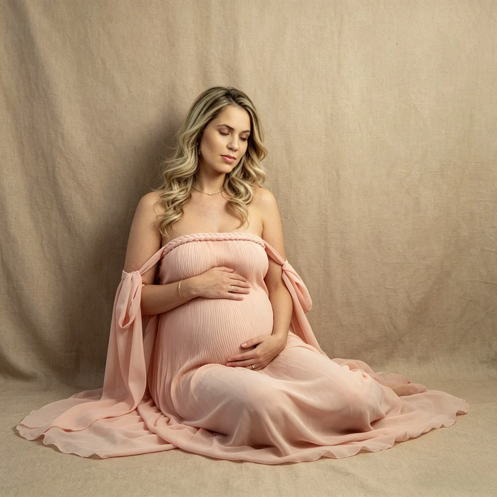 pink-pleated-maternity-photography-dress-braided-off-shoulder-pregnancy-gown-elegant-long-ribbon-sleeve-photo-shoot-dress-props