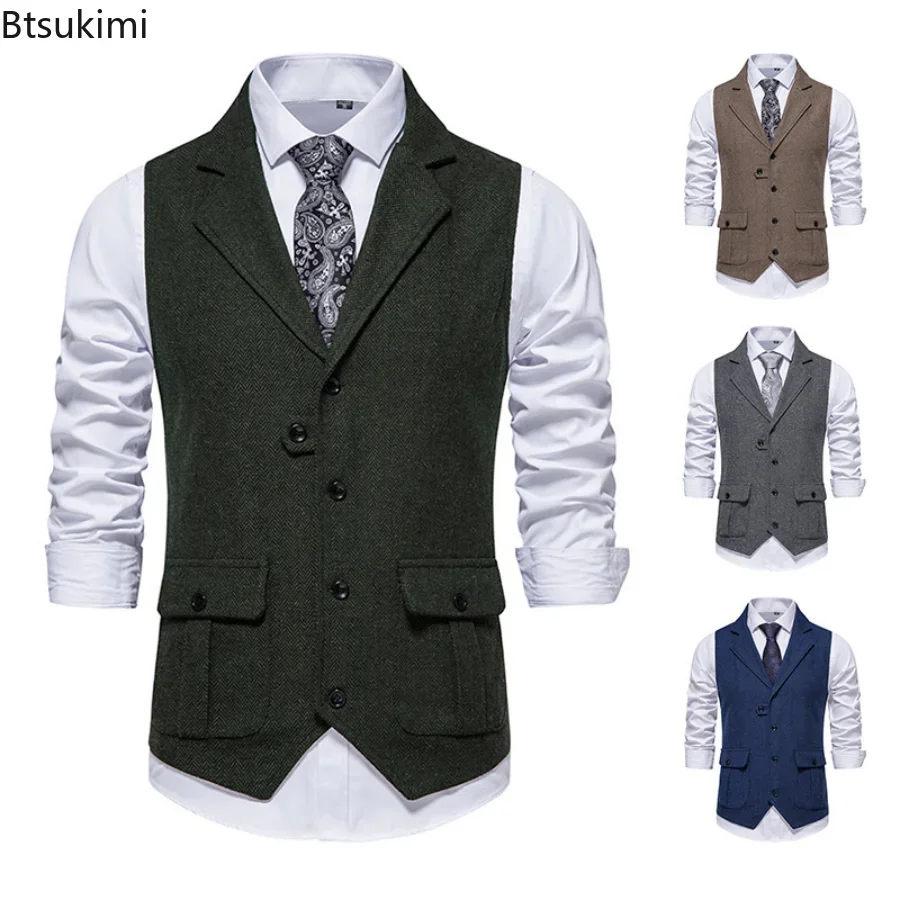 

2024Men's Wool Suit Vest Solid Causal Retro Waistcoat Vests Slim Fit Formal Vests Male Solid Lapel Single Breasted Men Vests Top