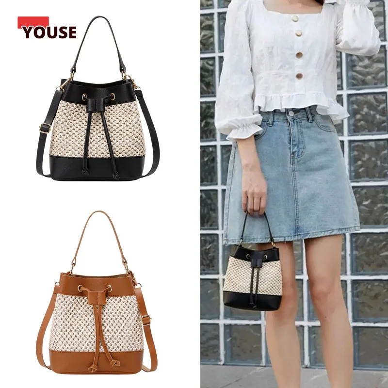 

Straw Crossbody Bag Commute Handbag Drawstring Bucket Bag Large Capacity Beach Shoulder Bag Woven Bucket Bags Bundle Pocket