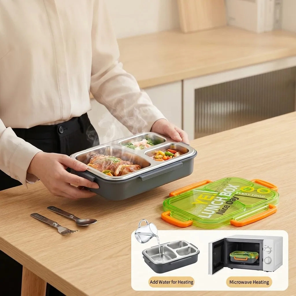Microwavable 304 Stainless Steel Bento Lunch Box Divided Food Storage Containers Leakproof Meal Prep for Kids Students School view 3