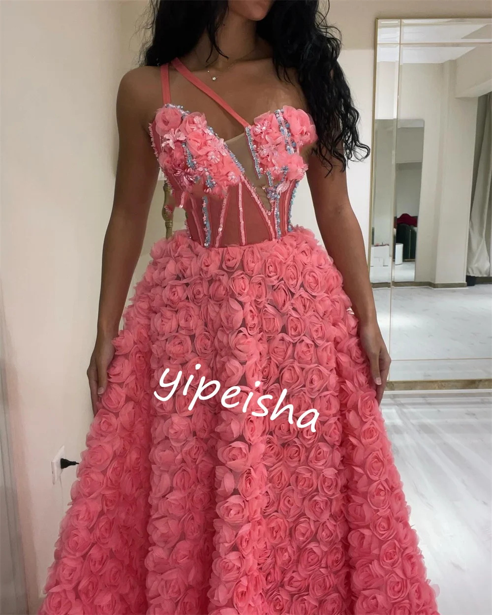 Customized  Jersey Flower Beading Wedding Party Ball Gown One-shoulder Bespoke Occasion  Long Dresses Saudi Arabia