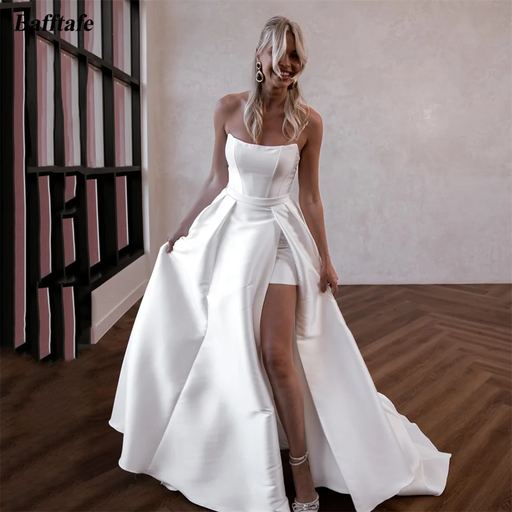 

Bafftafe Sheath Satin Mini Wedding Dresses With Over-skirt Leg Slit Wedding Party Gowns Bride Bridal Gowns שמלות כלה קצרות 2024