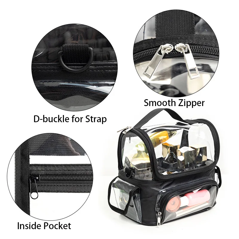Black Clear PVC Multi Pockets Tote Bag Stadium Approved Transparent Crossbody Makeup Bags Women Portable Travel Skincare Handbag