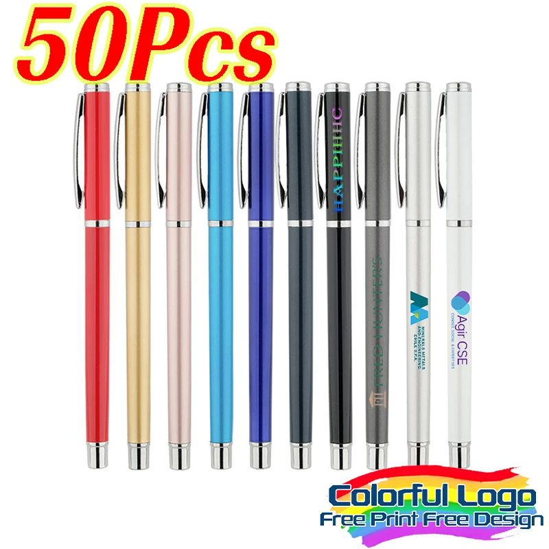 

50 шт., роскошная металлическая гелевая ручка на заказ, персонализированная красочная рекламная ручка с логотипом, школьные и офисные ручки для подписи, подарочная поставка