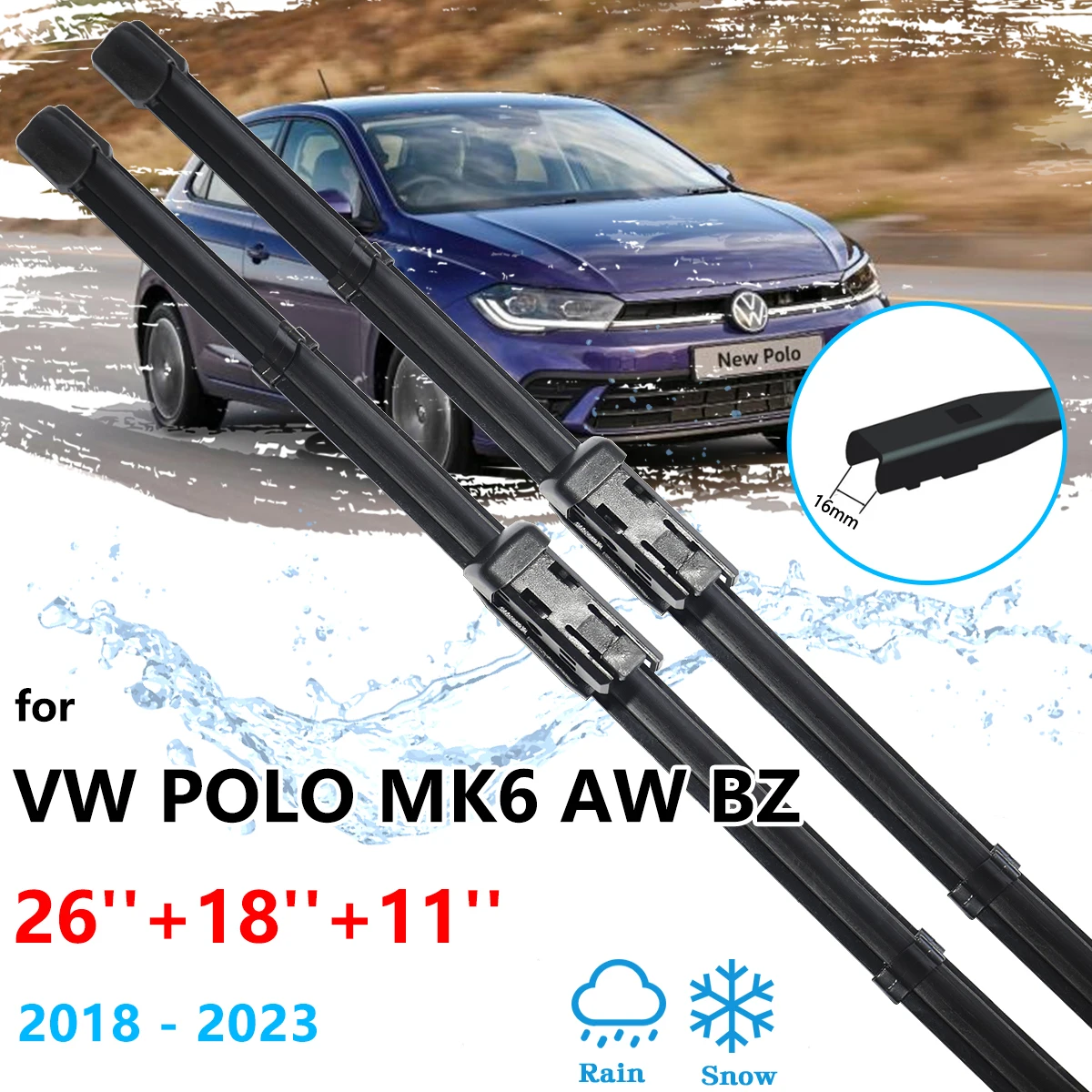 3x For Volkswagen VW Polo MK6 AW BZ 2018~2023 Hatchback Front Rear Wiper Blades Set Kit Brushes Car Windshield Windscreen Window