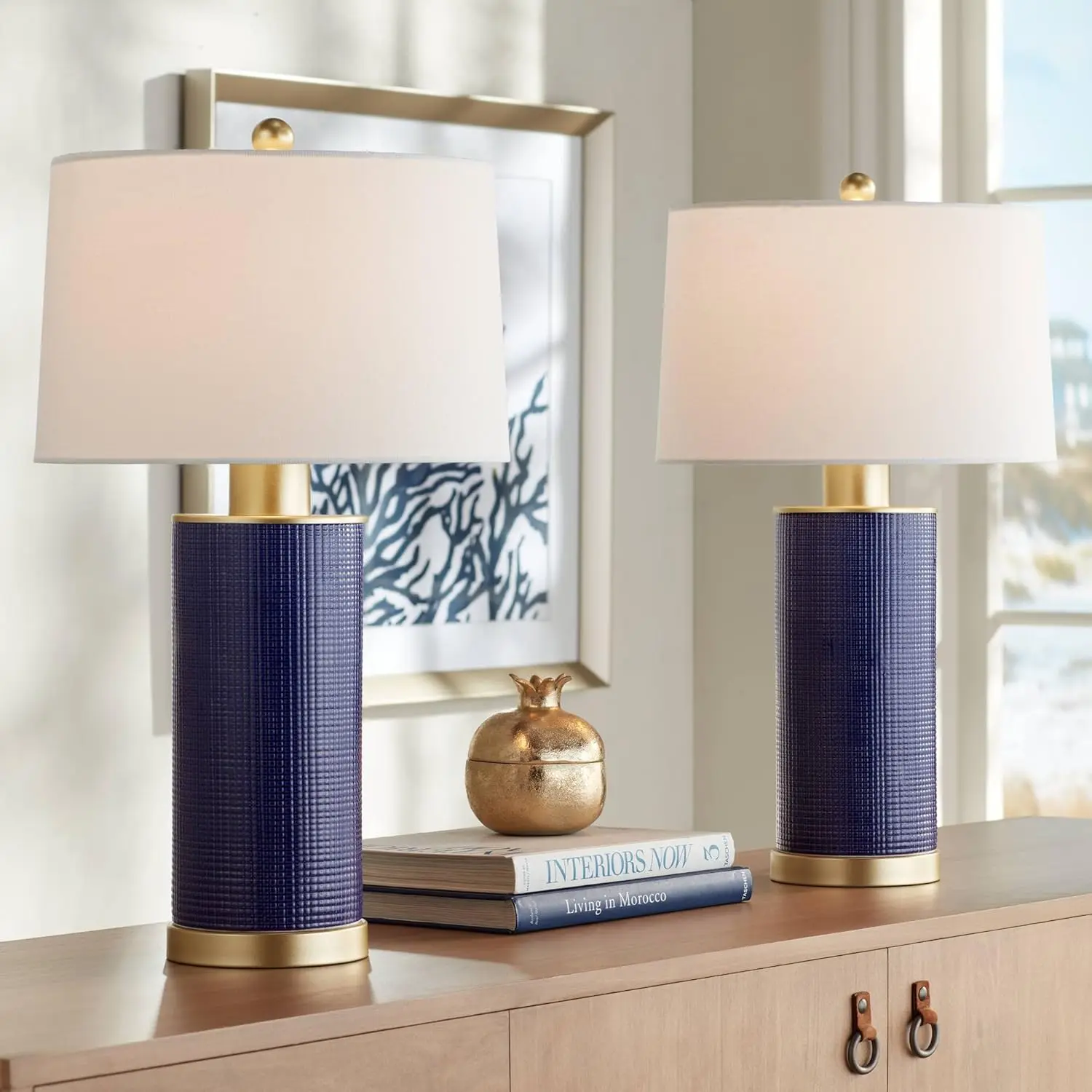 

Lighting Gilson 24 1/2" High Modern Coastal Glam Table Lamps Gold Textured Blue Finish Ceramic Fabric White Shade Living Ro