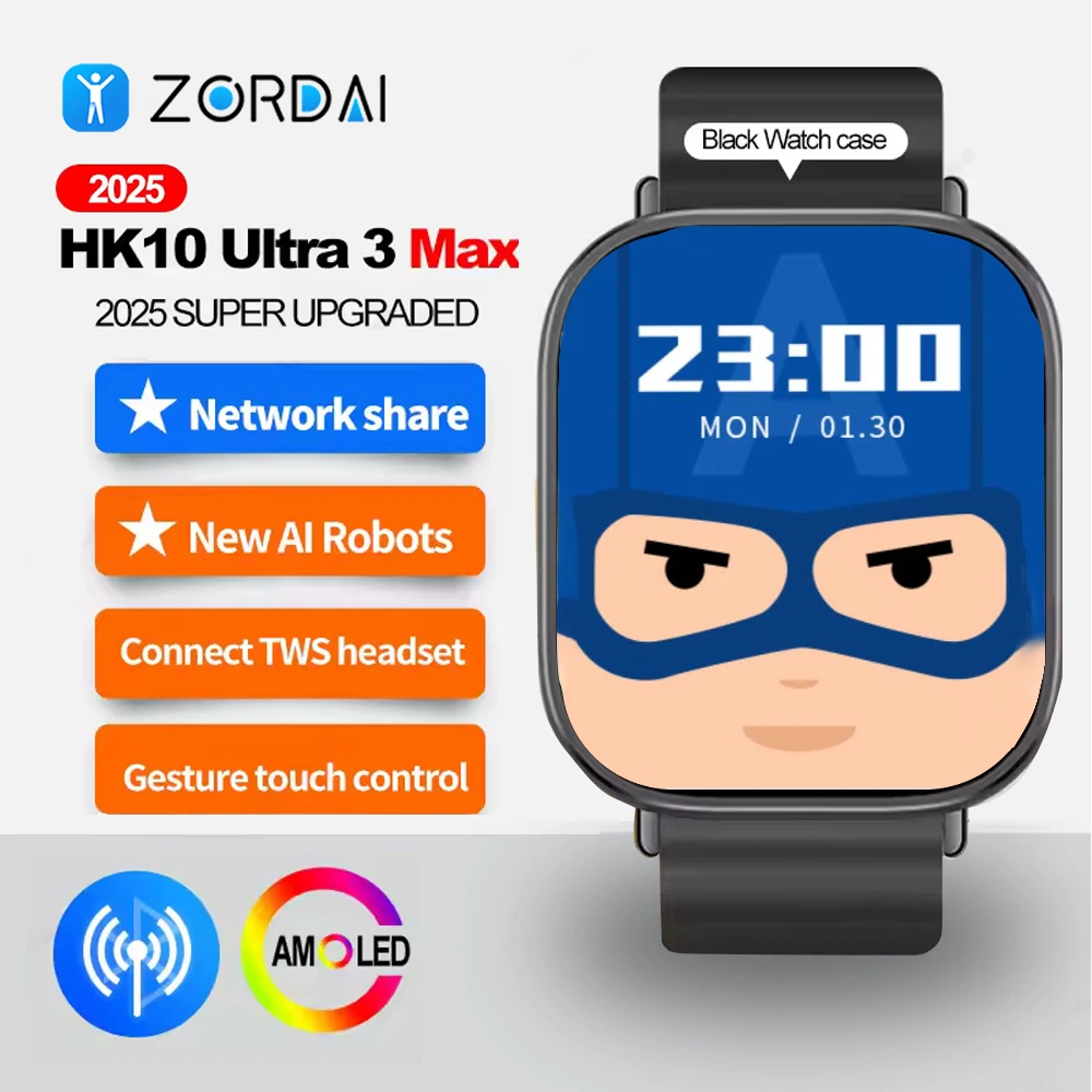 ZORDAI New 2025 HK10 Ultra 3 Max AMOLED Smart Watch Men Watch Network Share Connection 1GB Local Photo Music Control Smartwatch