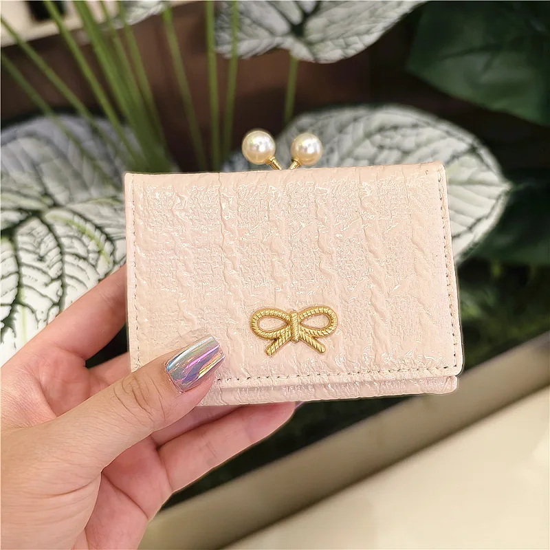 

Простой женский кошелек с бантом, однотонный женский кошелек для монет, модный кошелек с жемчужной клипсой, складной кошелек, тройной короткий кошелек