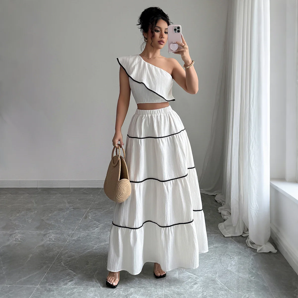 

Two Piece Sets Women Skirt Set Oblique Shoulder Ruffles Sleeveless Tops Long Skirts A Line High Waist Y2k Streetwear Elegant