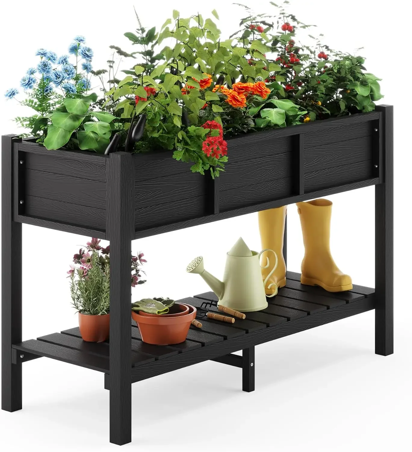 LUE BONA Raised Garden Bed with Tools, 45*18*29 in, Poly Elevated Planter Box with Legs And Storage Shelf, Weather Resistant, 3-