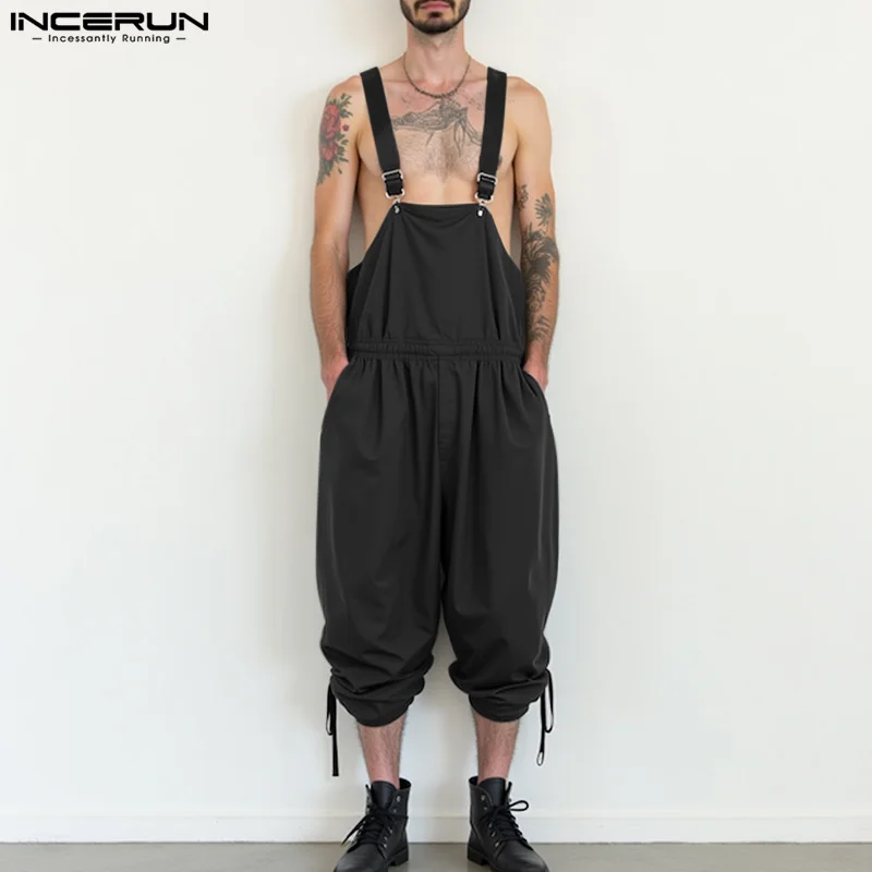 

INCERUN Men Jumpsuits Solid Loose Sleeveless Straps Rompers Men Streetwear 2025 Elastic Waist Fashion Male Cargo Overalls S-5XL