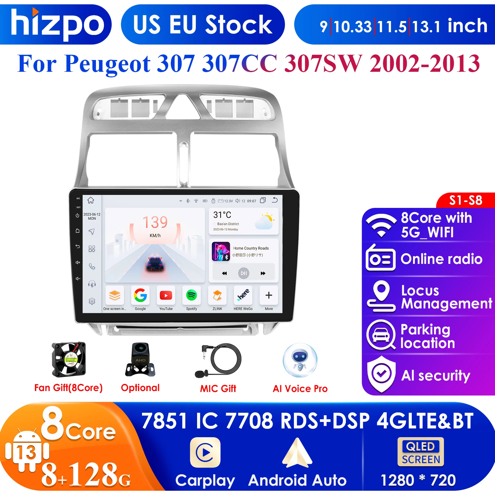 Hizpo 4G 9'' AI Intelligent Systems Wireless CarPlay Android Auto Radio for Peugeot 307 307CC 307SW 2002-2013 Car Multimedia GPS