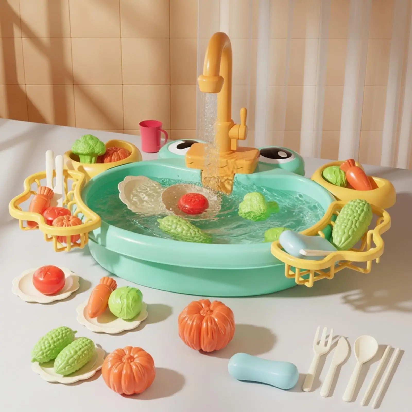 Electric Recirculating Kitchen Sink Water Toy for Toddlers with Molded Basin Faucet and Storage Baskets for Children Bathroom