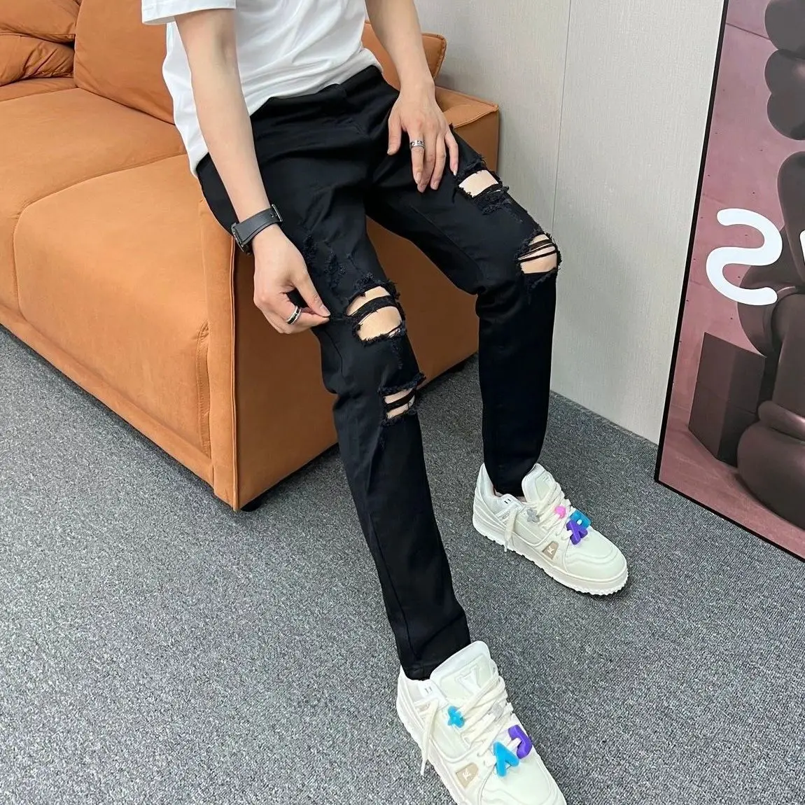 Spring and Autumn Korean Popular Clothes Pants New Ripped Jeans Men's White Korean Elastic Slim Skinny Pants Streetwear Clothing