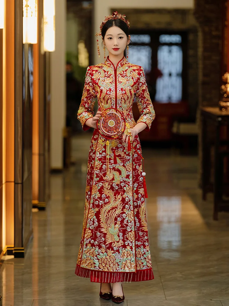 

Yourqipao 2023 Elegant Dragon Phoenix Embroidery Cheongsam Chinese Style Bride Wedding Dress Marriage Toast Clothing Sets