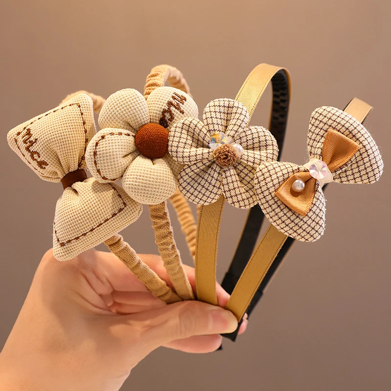 2023 New Children Lovely Coffee Color Cartoon Heart Flower Bow Ornament Headbands Baby Girl Cute Hair Hoop Kids Hair Accessories