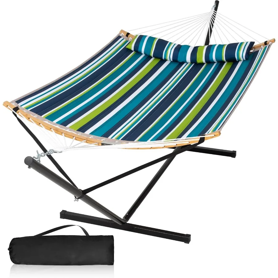 

Двойной гамак для улицы с подставкой и подушкой и портативной сумкой для хранения, идеально подходящий для садов, патио и кемпинга.