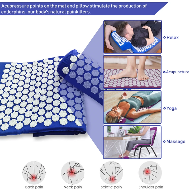 Pillow Massager Set Eco Lotus Acupressure Cushion Set with Kuznetsov Applicator for Back Pain Relief Foot Massager Shakti Mat