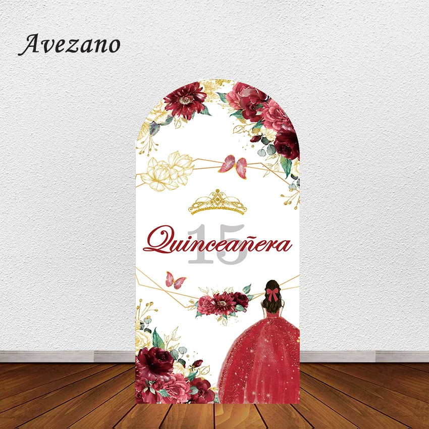 Avezano Arch Backdrop Cover Quinceanera Sweet 15 Girl Birthday Princess Dress Glitter Crown Floral Party Background Photography