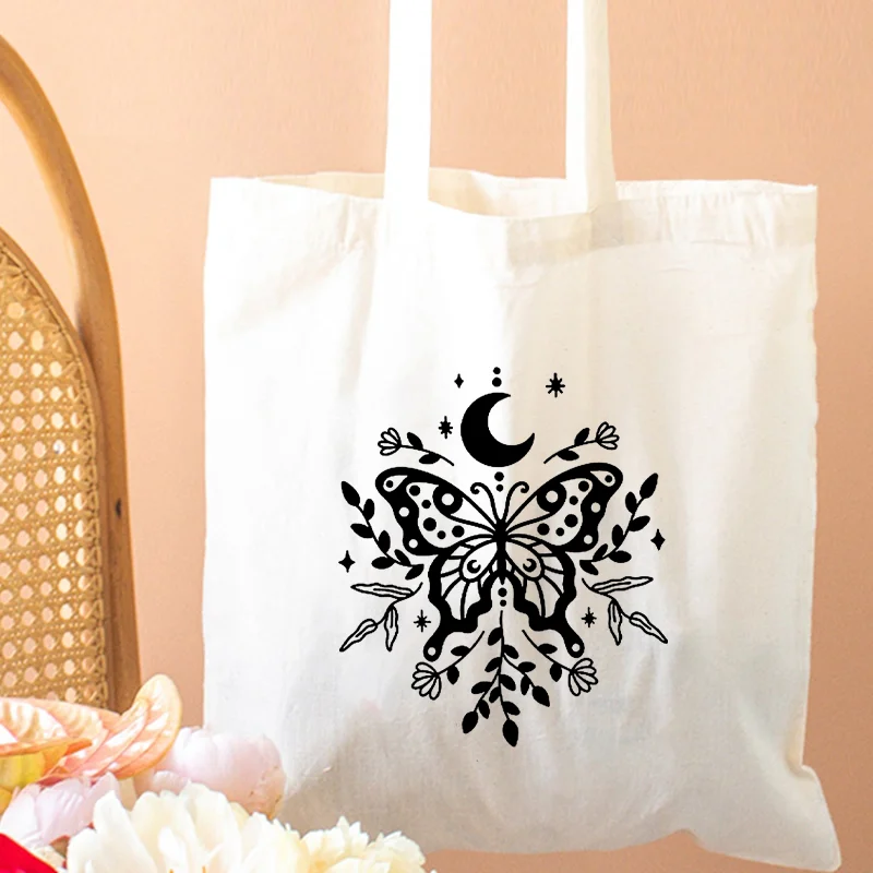 Moon Butterfly Arabic Gifts Calligraphy Arab Folk Embroidery Tatreez Art Dome of The Rock Women Canvas Shoulder Tote Bag Handbag