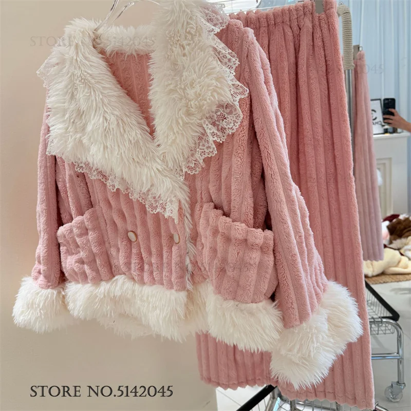 Autumn Winter New Women's Sleepwear 2Pcs Pijamas Set Thicken Warm Sweet Style Lace Pajamas Homewear Loose Flannel Lounge Wear