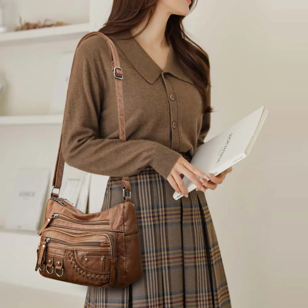 

Storage Bag Elegant Middle Aged Mom Bag Wide Strap Multi Pocket Soft PU Square Bag Brown Anti-Splash Water Casual Mom Pouch Work