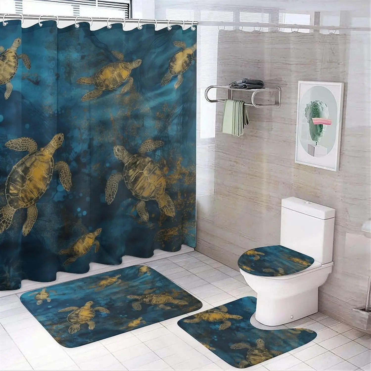 

Bathroom Set, Sea Turtle Printed Bathroom Set,Bathroom Set 4-Piece Set,Bathroom Set with Shower Curtain and Carpet