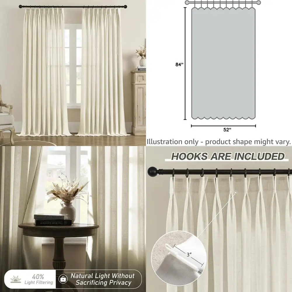 

Natural 52 x 84 Faux Linen Pinch Pleat Sheer Curtains with Tiebacks and Hooks for Living Room and Bedroom