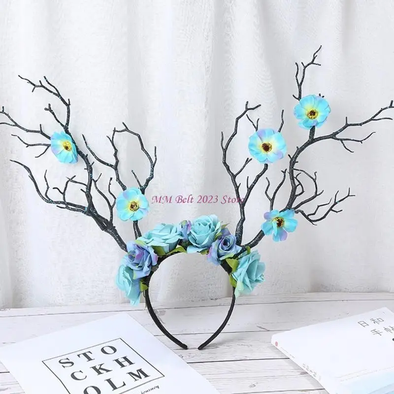 

49ME повязка на голову с рогами оленя, головной убор с рогом лося, головной убор с цветочным принтом, рождественский реквизит