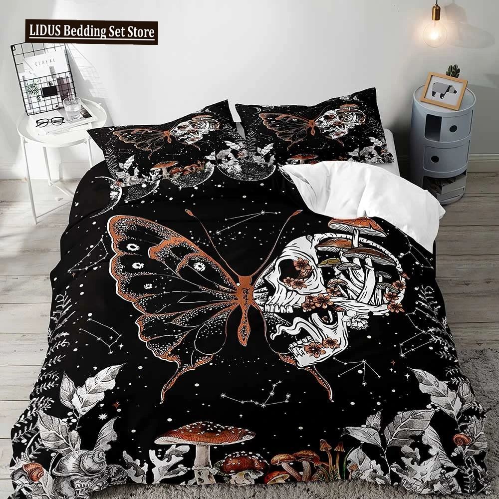 Trippy Mushroom Duvet Cover Set,Hippie Skull Bedding Set,Butterfly Moth Moon Phase Constellation Astrology Botanical Boho Theme