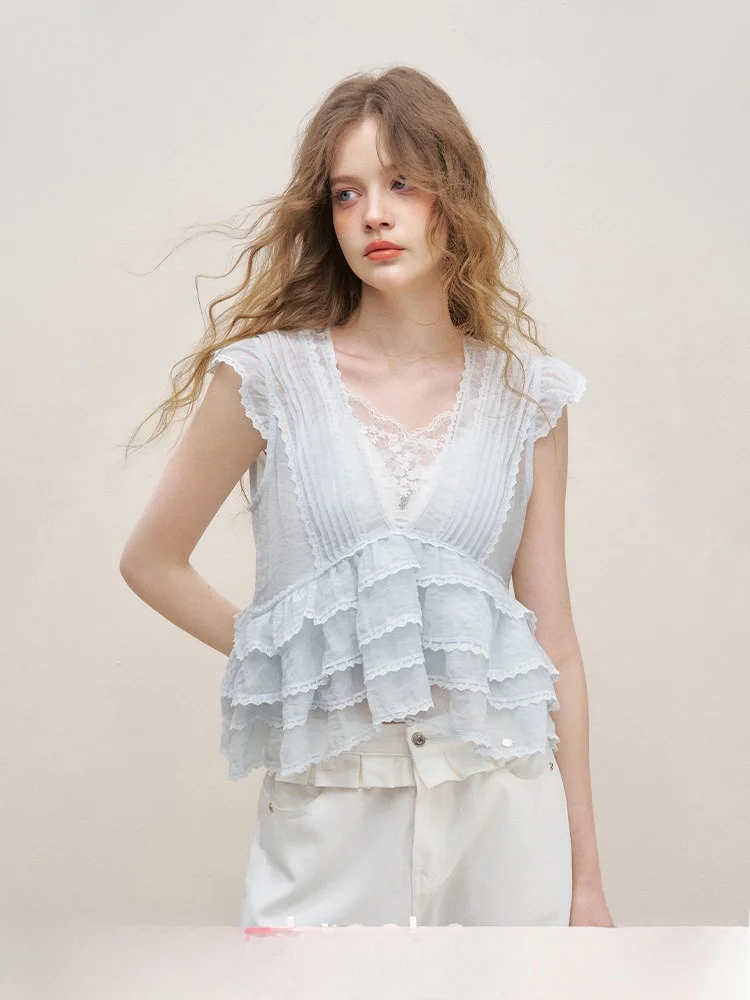 

Шифоновая блузка Kroche с кружевной отделкой, женский топ с коротким рукавом, прозрачный дизайн, лоскутный узор с цветами, летний топ