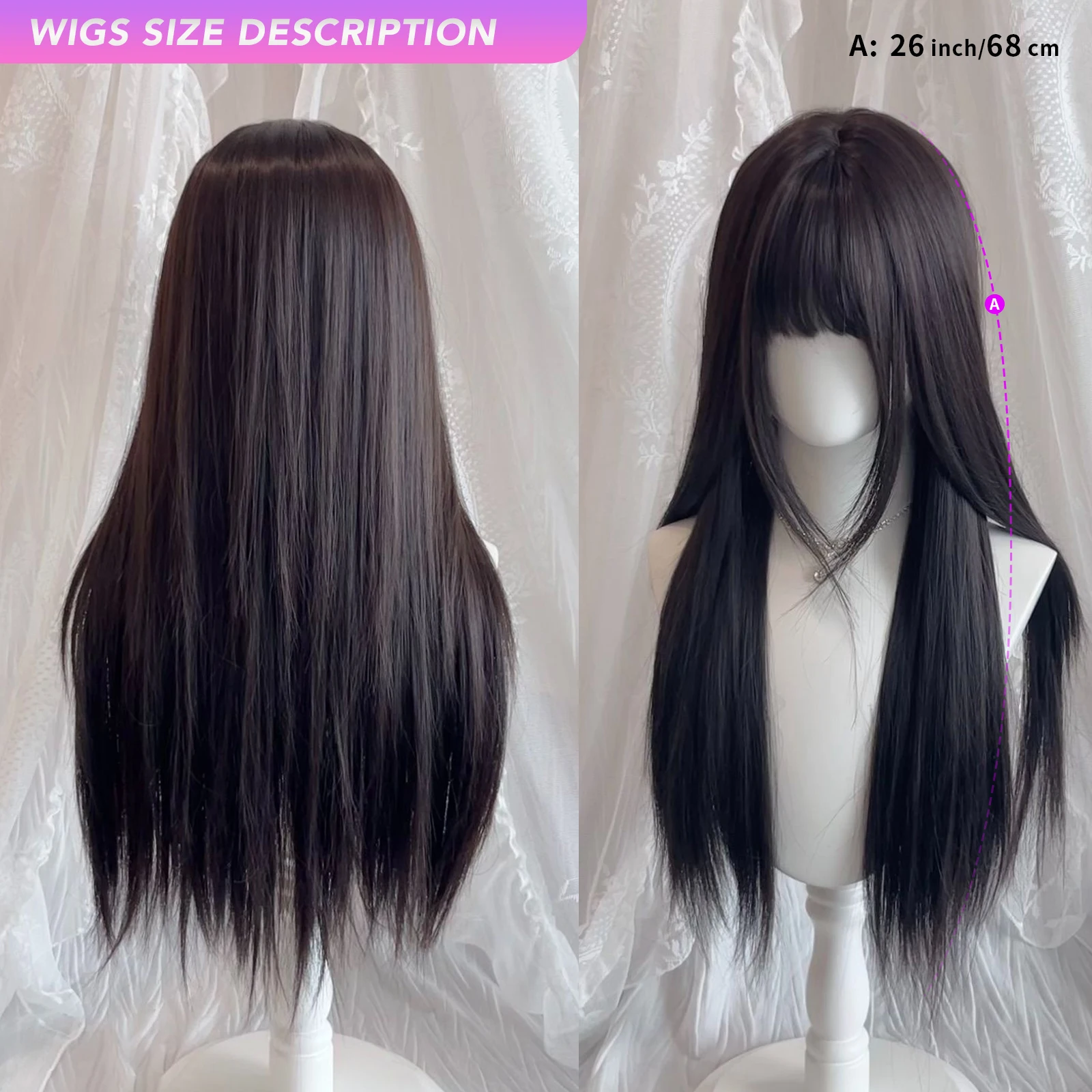 MEISU 26 Inch Straight Bangs Wig Black Tea Synthetic Fiber Layered Hair Heat-Resistant Natural Smooth Extend Hair Selfie Party