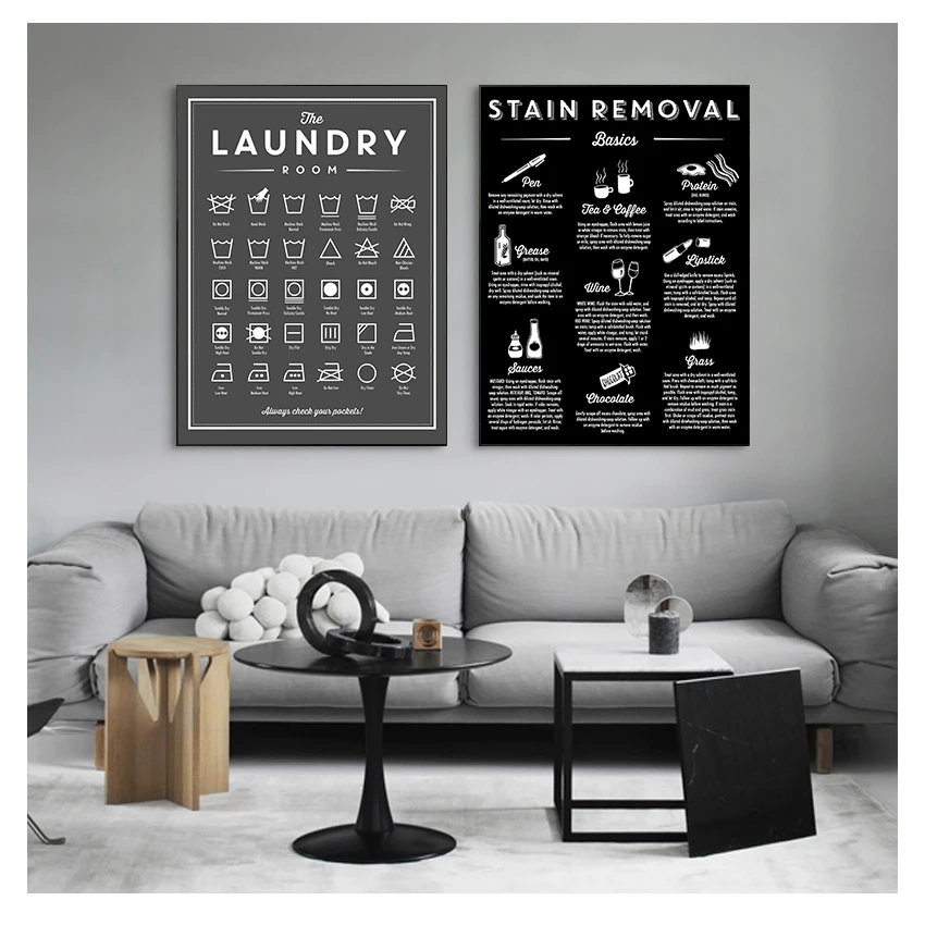 Sign Canvas Art Posters Prints Black White Painting Laundry Room Wall Decor Housewarming Gift Symbols and Stain Removal
