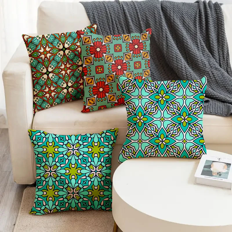 

The Mandala Flower Leaf Plant Printed Soft Square Pillowslip Linen Blend Cushion Cover Pillowcase Living Room Home Decor