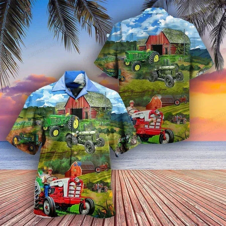 Tractor Print Hawaiian Men's Shirt Fashionable Short Sleeve Hawaiian Shirt Cuban Beach Shirt Plus Size Men's Cycling Shirt