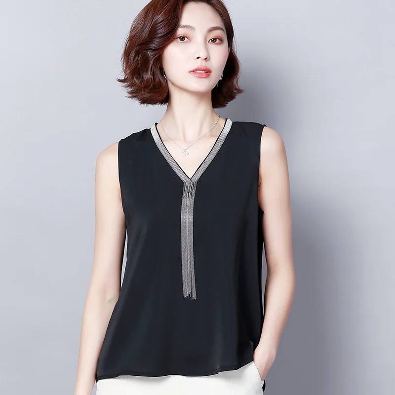 

Tassel Beaded Solid Women Blouse 2024 V-Neck Sleeveless Slim Elegant Lady Elegant Pulls Outwear Pulls Tops Top Quality