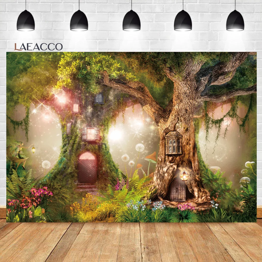 

Laeacco Enchanted Forest Backdrop Fairy Tale Garden Magic Mushroom Flowers Girl Birthday Portrait Custom Photography Background