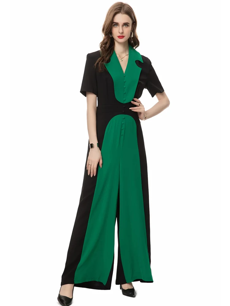 DLDENGHA Summer Contrasting Colors Office Lady Jumpsuit Women's Turn-down Collar Short Sleeve Wide leg pants Fashion New