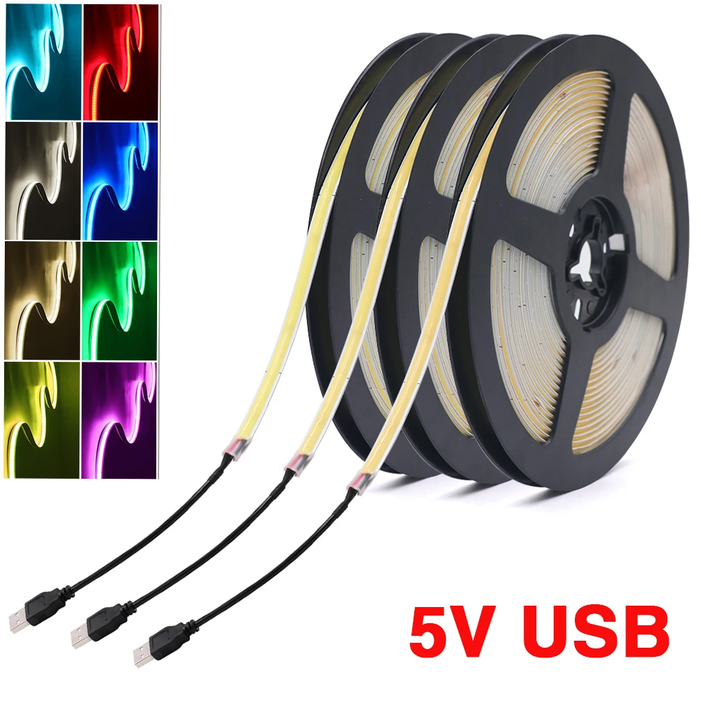 DC 5V USB COB Strip 320Leds/M Width 5MM Flexible Ribbon Rope Night Lamp TV Backlight LED Strip for Bedroom Decor Lighting