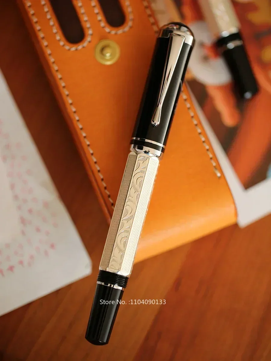

Classical MAJOHN P138 Metal Fountain Pen Piston Ink Absorbing No.6 Nib Octahedral Etching Pattern Silver Plated Writing Gfit